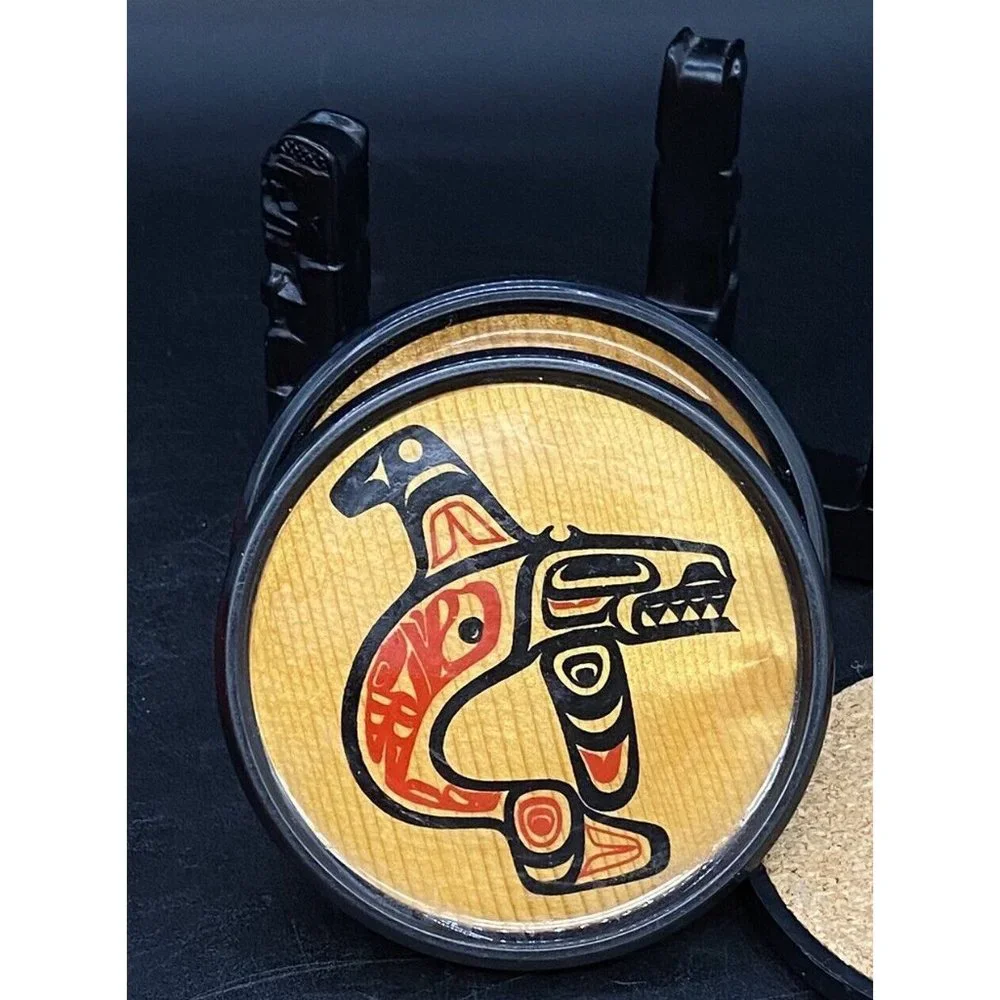 BOMA Coasters Lot 4 With Totem Holder Red Cedar Made In Canada First Nation
